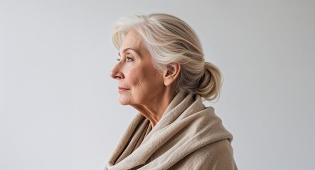 Fototapeta premium Blonde elderly woman beige shawl side view portrait on plain white background