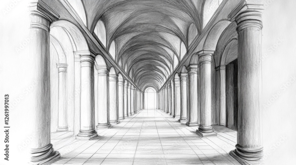Poster a detailed sketch of a grand architectural corridor with columns and arches.