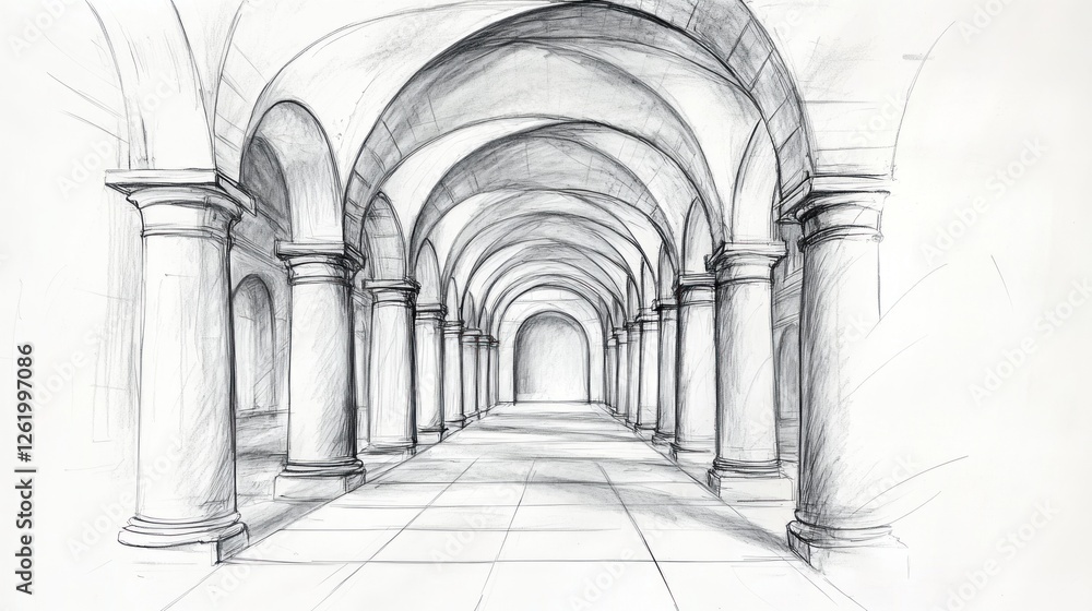 Poster a pencil sketch of an arched corridor with columns leading to a distant light.