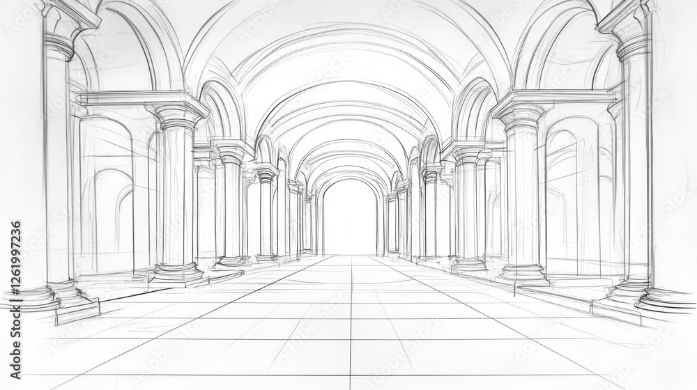 Aufkleber a detailed architectural sketch of an expansive corridor with arches and columns.