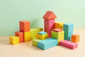 Obraz premium Colorful Wooden Blocks Forming an Abstract Architectural Structure on a Neutral Background