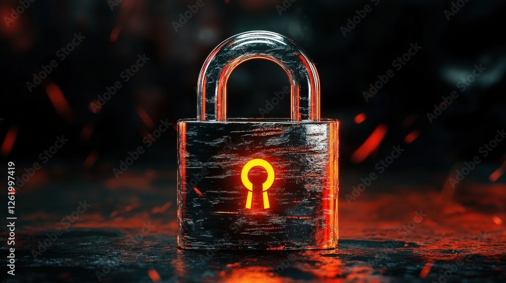 Poster shiny lock with red keyhole on fiery background