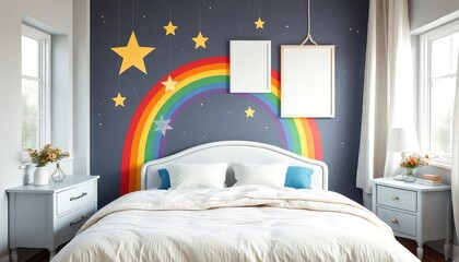 Whimsical master bedroom with rainbow stars and a blank white a4 frames mockup hanging on the wall.