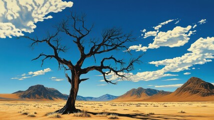 Lone dead tree in desert landscape, mountains background; nature, travel