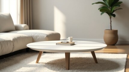 Modern minimalist living room design featuring a round coffee table, off-white sofa, and potted plant