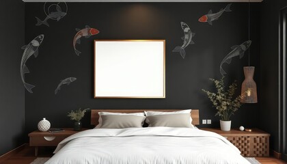 Zen master bedroom with koi fish motifs and a blank white a4 frames mockup hanging on the wall.