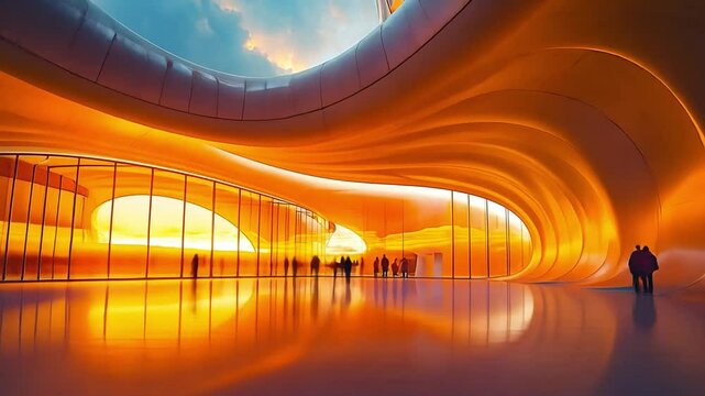 Golden Hour Architecture: A modern architectural marvel bathed in the warm glow of the golden hour, featuring sleek curves, expansive glass, and silhouettes of people.