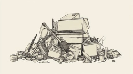 Naklejka premium Sketch of discarded junk pile outdoors, waste disposal