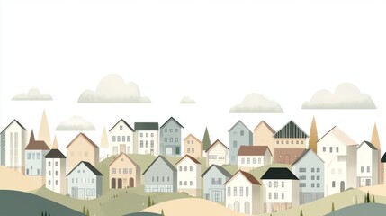 Naklejka premium Suburban hillside village, idyllic homes, cloudy sky, peaceful neighborhood, real estate illustration