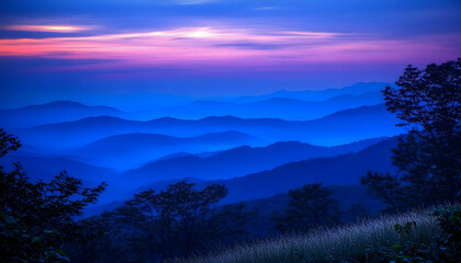 Obraz premium Serene twilight landscape showcasing layered blue mountains under a purple-pink sunset sky. Silhouetted trees add depth.