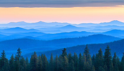Fototapeta premium Serene sunset over layered blue mountains and coniferous forest. Perfect for nature, travel, and serenity themes.