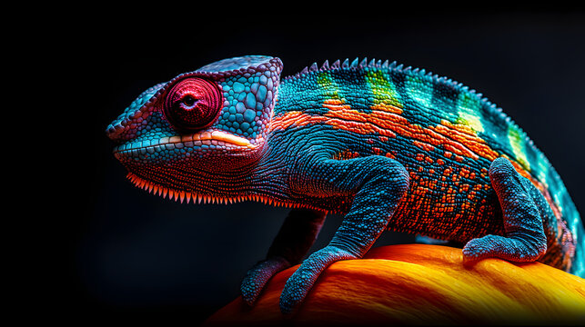 Panther Chameleon Close-Up: A vibrant panther chameleon, showcasing its iridescent blue, green, orange, and red scales, perches on a bright orange surface against a dramatic dark background.