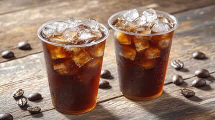 A table with two ice cold drinks and some coffee beans next to it, suggesting a casual dining or refreshment scenario.