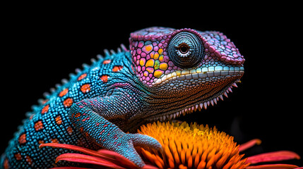 Obraz premium Panther Chameleon on Flower: Vibrant colors of the Panther chameleon, showcasing its incredible camouflage ability while perched on a flower, revealing a beautiful pattern of blues, pinks.