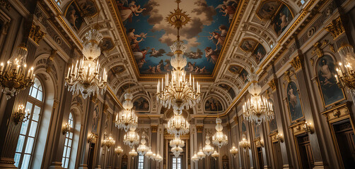 Fototapeta premium The grand interior of a baroque palace, adorned with opulent chandeliers, lavish frescoes, and gilded moldings.