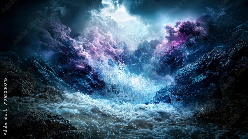 Aufkleber indigo waves crash through mist oceanic scene digital art surreal environment aerial view dynamic co
