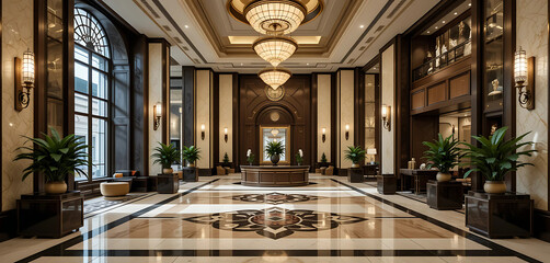 Obraz premium An elegant art deco lobby with geometric patterns, luxurious materials, and stylish lighting fixtures.