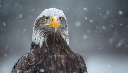 Obraz premium a bald eagle with a yellow beak and white head, looking at the camera against a blurred winter background
