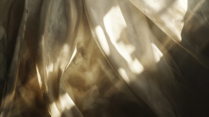 Sheer curtains, sunlight shadows, window, fabric texture, background