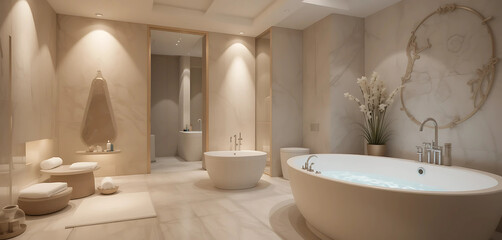A serene spa interior featuring calming neutral tones, soft lighting, and a luxurious soaking tub.