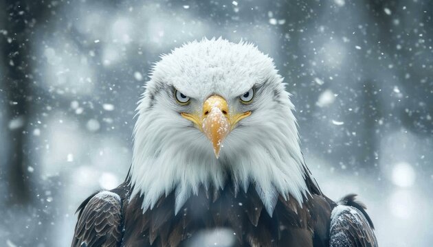 a bald eagle with a yellow beak and white head, looking at the camera against a blurred winter background