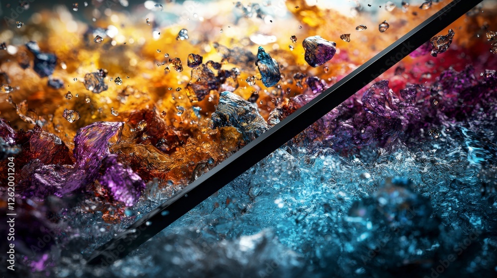 Poster dynamic contrast of colorful crystals and black line abstract art visual explosion studio artistic p