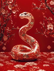 Fototapeta premium Traditional Chinese ceramic art. Hand-painted red snake design on a vase with blossoms.