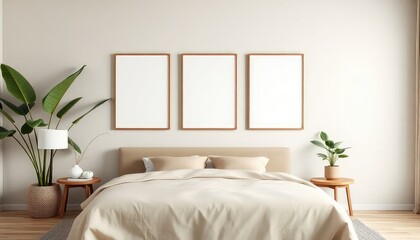 Tropical master bedroom with palm leaf prints and a blank white a4 frames mockup hanging on the wall.
