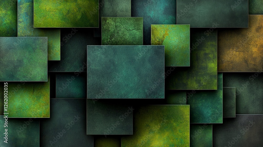 Poster Abstract blocks of rich green tones overlapping in a creative composition digital art contemporary environment