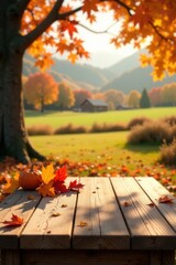 Autumnal Rustic Table Setting with Pumpkin and Maple Leaves in a Scenic Meadow