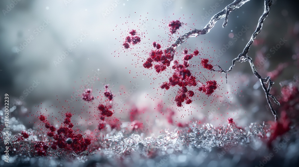 Poster close-up surrealism abstract clusters of red points in nature's enchanted forest digital art innovat