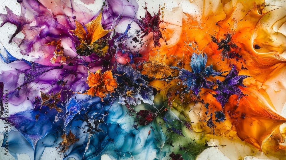 Poster chaotic color explosion abstract art creative studio vibrant palette top-down view artistic fusion