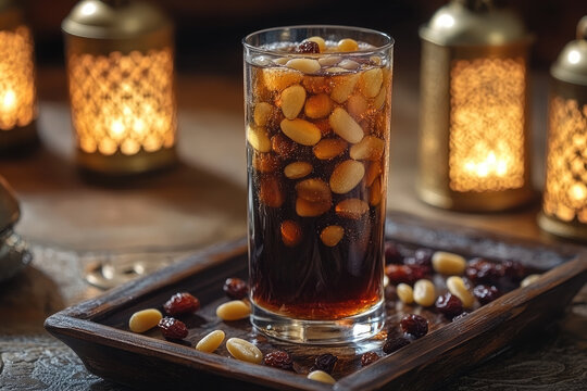 A refreshing tall glass of Jallab (traditional Arabic drink made from date syrup and rose water) with floating pine nuts and raisins. The drink is placed on a wooden tray with Ramadan lanterns