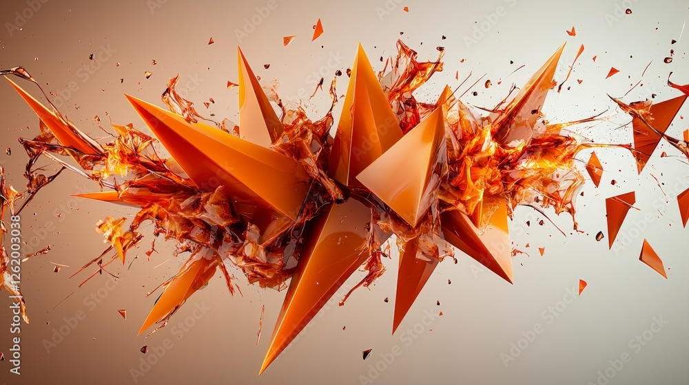 Poster dynamic explosion of geometric shapes abstract art digital rendering studio environment close-up vie