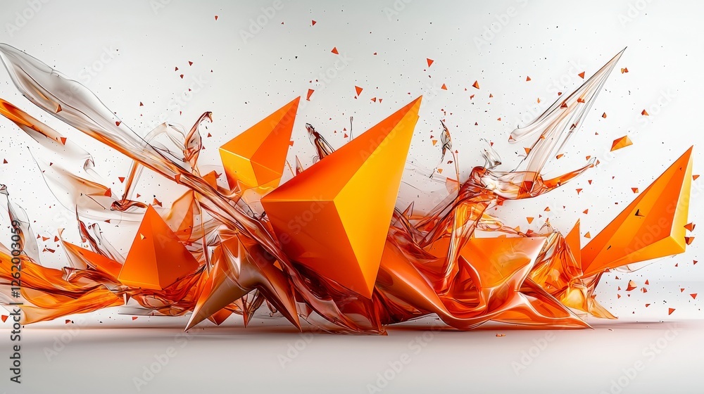 Poster Dynamic abstract design featuring orange geometric shapes and liquid elements in a minimalist studio environment