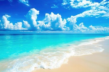 Obraz premium Pristine white sand beach meets vibrant turquoise ocean under a breathtaking sky filled with fluffy cumulus clouds, creating an idyllic tropical paradise.