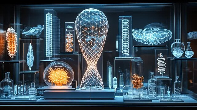 Futuristic Science Display: A captivating showcase of science and technology, with a focus on a stunning central sculpture and intricate displays in a digital artwork, suggesting innovation, research.