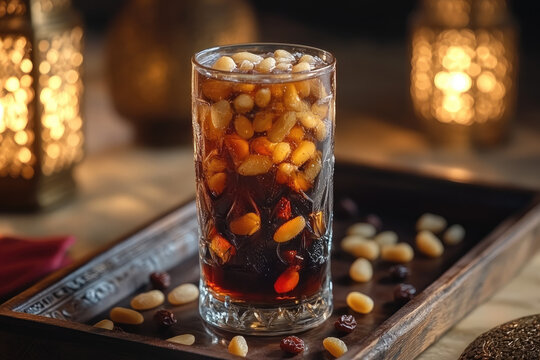 A refreshing tall glass of Jallab (traditional Arabic drink made from date syrup and rose water) with floating pine nuts and raisins. The drink is placed on a wooden tray with Ramadan lanterns