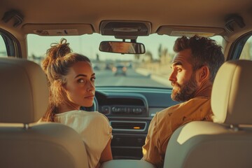 Serious spouses sitting in their new auto at front seats, going summer vacation together and looking at road, Generative AI
