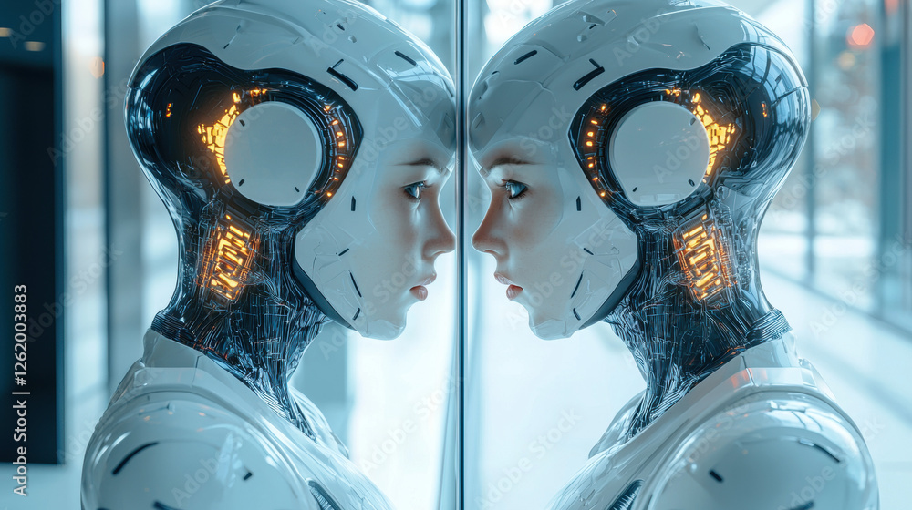 Poster bio-ai contemplates its existence while gazing into a mirror, exploring the depths of its own being 