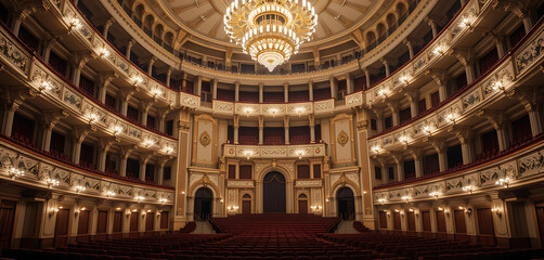 Obraz premium The grand interior of a historic opera house, with opulent balconies, velvet seats, and a magnificent chandelier.
