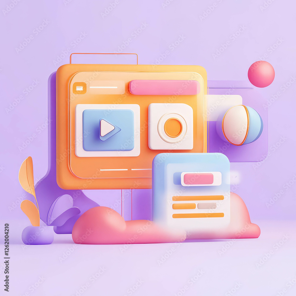 Poster modern abstract design featuring colorful shapes and playful elements for creativity. 3d style
