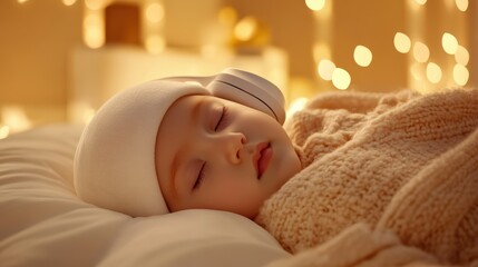 Adorable baby sleeping peacefully on soft blanket with gentle lights in the background, a portrait of comfort and serenity
