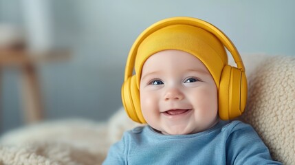 Adorable baby with yellow headphones, a portrait of musical enjoyment and early childhood development