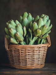 Fototapeta premium A bunch of fresh, green garlic bulbs in a woven basket. High quality organic produce from farm to table.