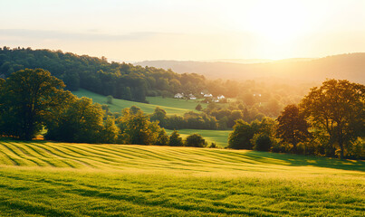 Fototapeta premium Serene sunset over rolling green hills, farmland, and distant village. Golden hour light bathes the landscape.