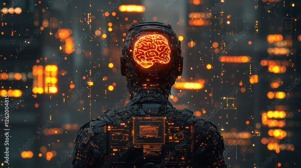 Poster digital assassin breaches ultra-secure ai financial system with a glowing cybernetic brain in a futu