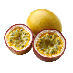 Whole and Halved Yellow Passion Fruit Showcasing Its Vibrant Golden Pulp and Seeds