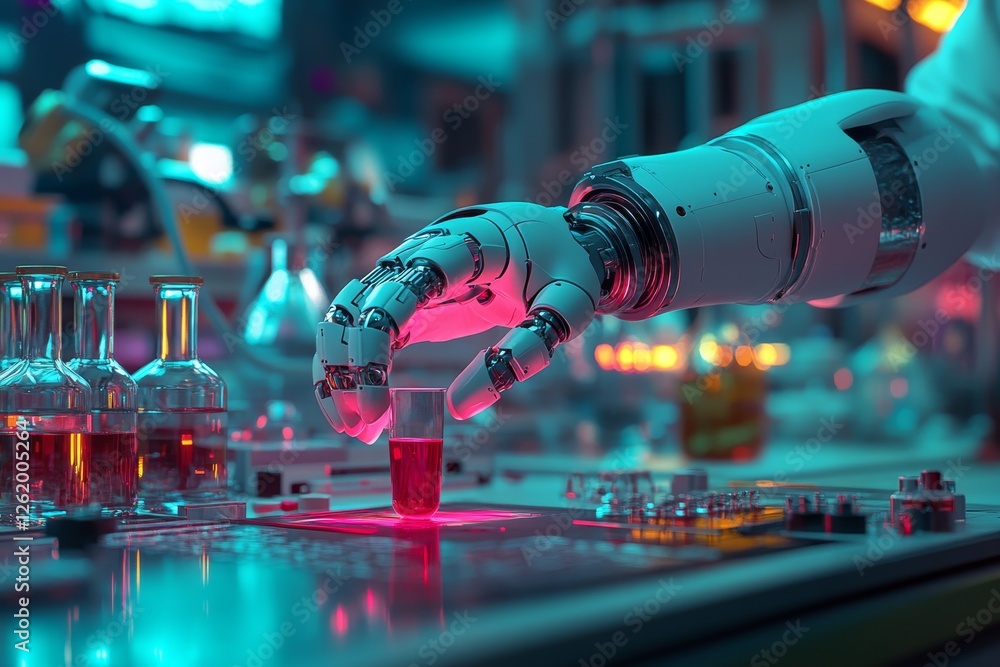 Poster a robot is busy in a lab surrounded by numerous bottles and beakers. the robot is wearing gloves and