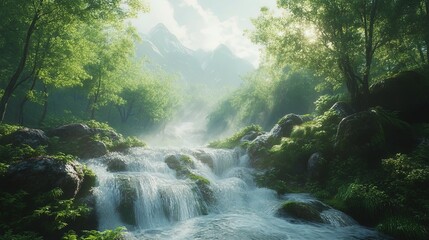 Rushing mountain stream flowing through dense green forest, calming and refreshing